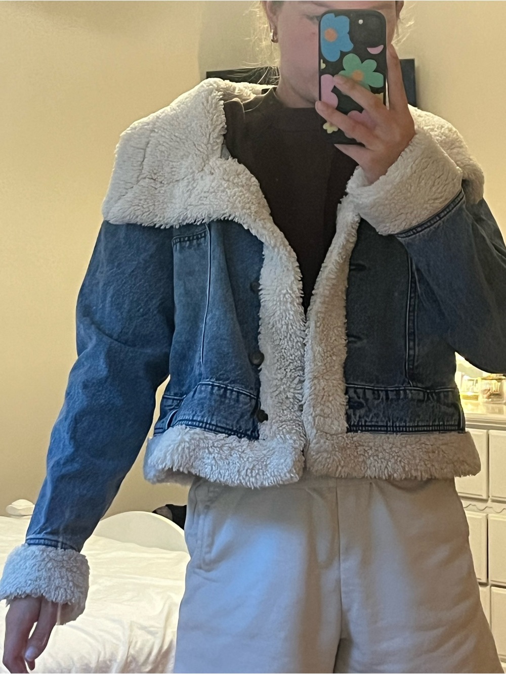 Celebrity Pink Blue Denim Sherpa-Trim Jacket with Cream Lining